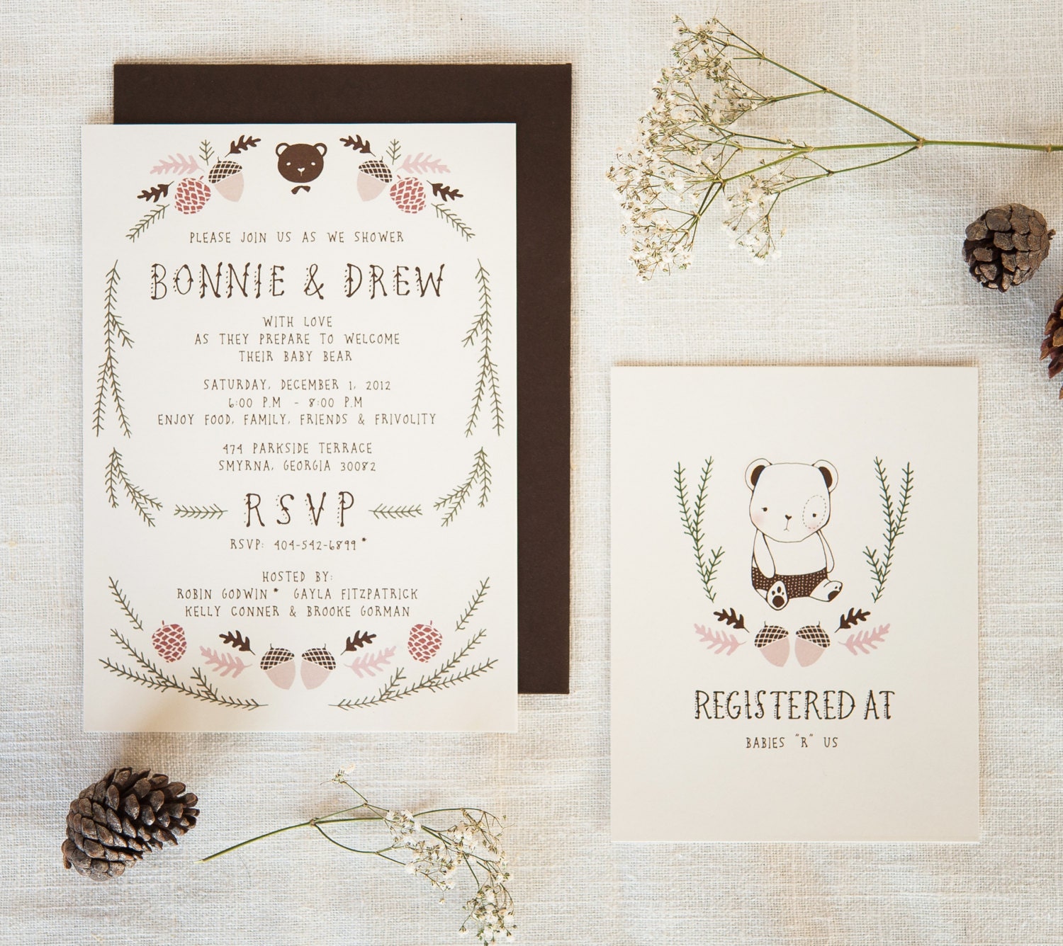 Baby Shower Invitation and Registry Card - Woodland Baby Bear. Baby Boy / Unisex