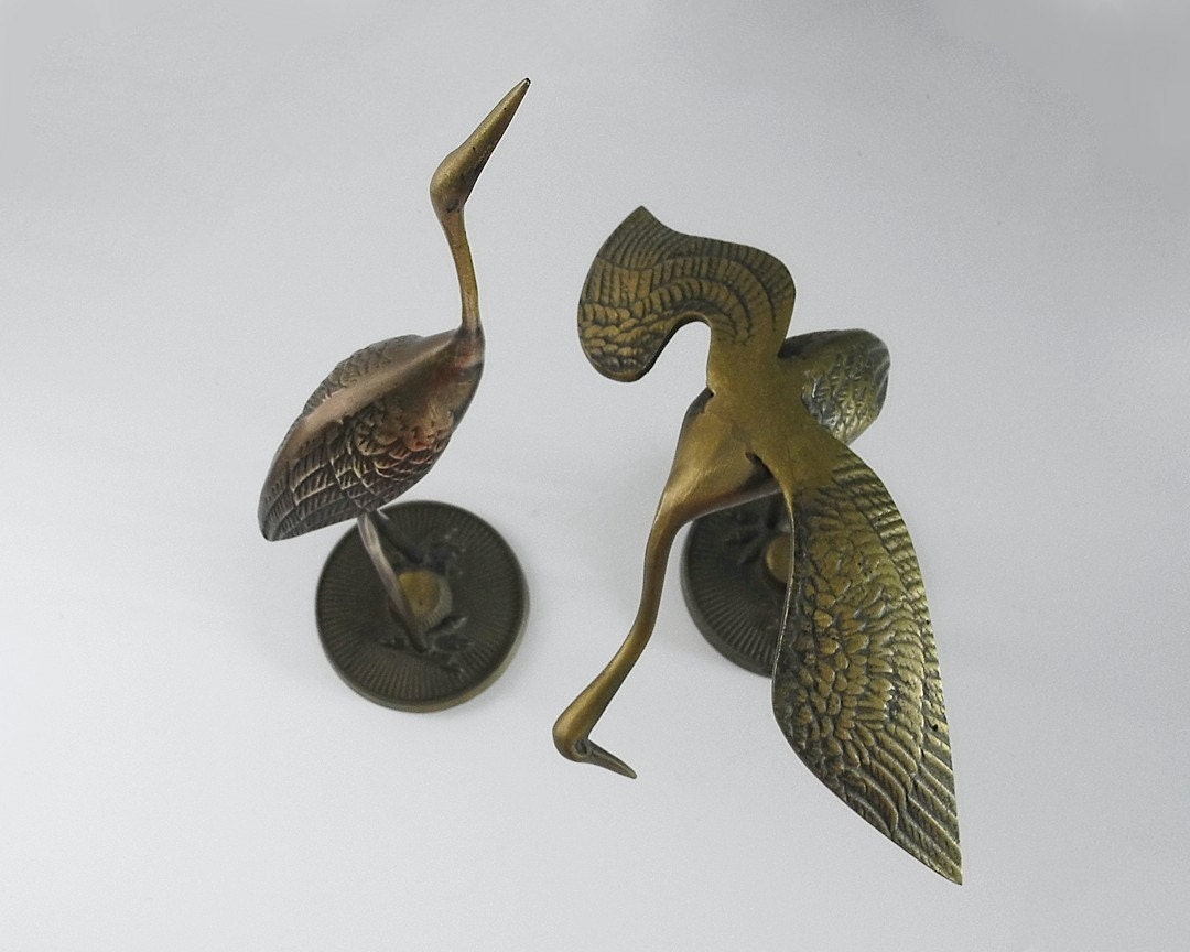 Brass Heron Crane figurines, metal statue vintage collectible SET OF 2