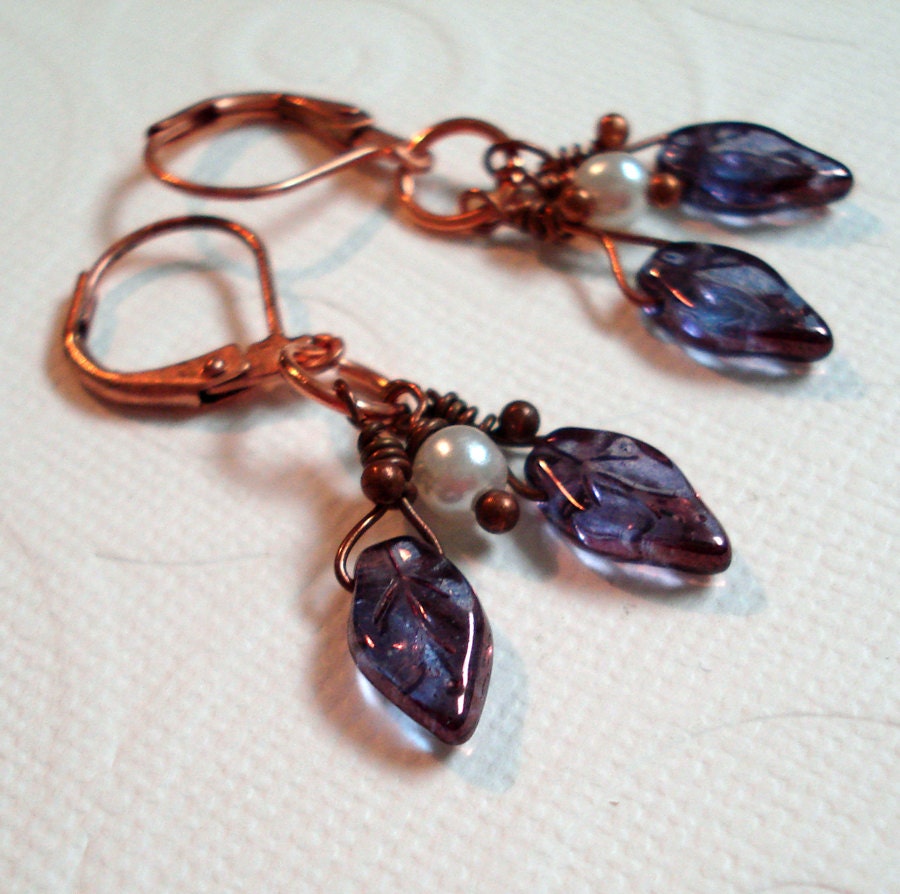 Purple Dangling Earrings. Purple Glass Earrings. Glass Leaf Earrings. Beaded Earrings. Lever Back Earrings. Copper Earrings.