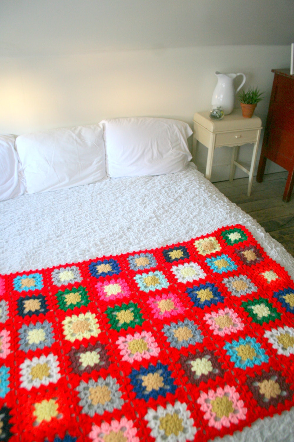 Vintage Bright Red Granny Square Throw