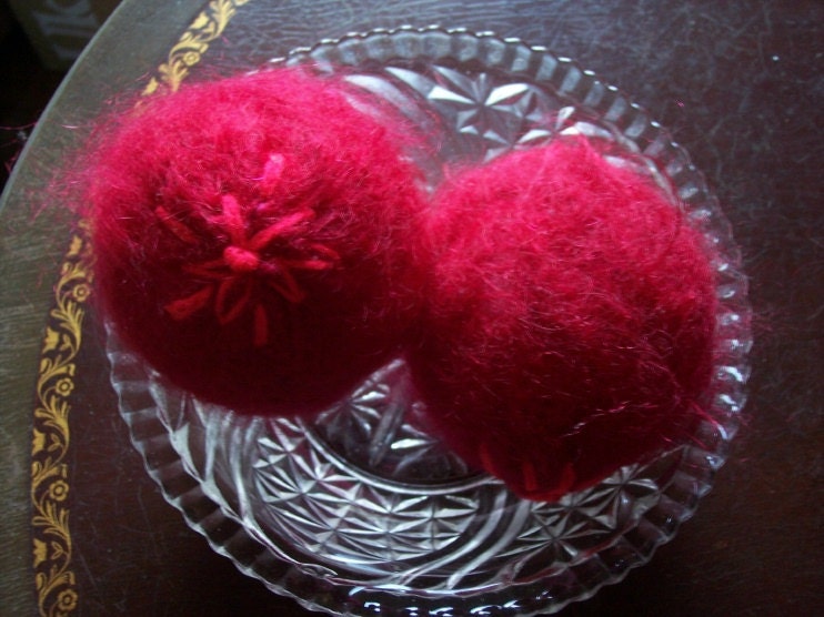 Two Felted Decorative Balls In Rich Red Repurposed From Mohair Sweaters