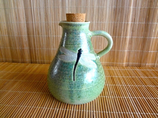 Lovely Handmade Mossy Green Stoneware DRAGONFLY Oil Cruet