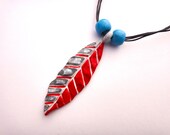 Feather necklace - bright red turquoise silver - handmade clay - tribal unique - TaraWhiteStudio