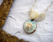 Sand Dollar necklace - polymer clay - white flower - vintage buttons - beach - gift - unique - hand sculpted