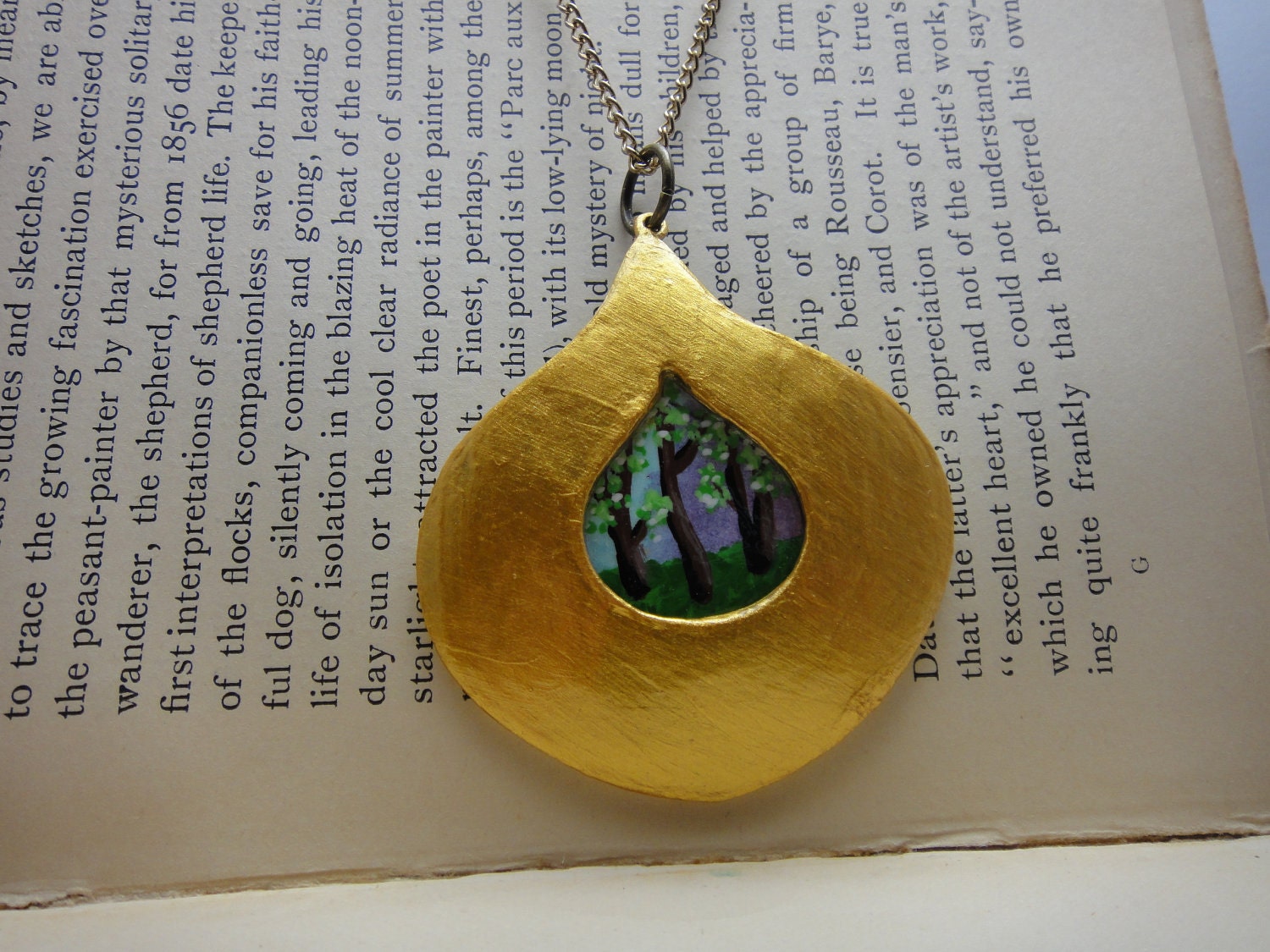 Trees - gold necklace - tiny painting - hand painted - wearable art - nature unique