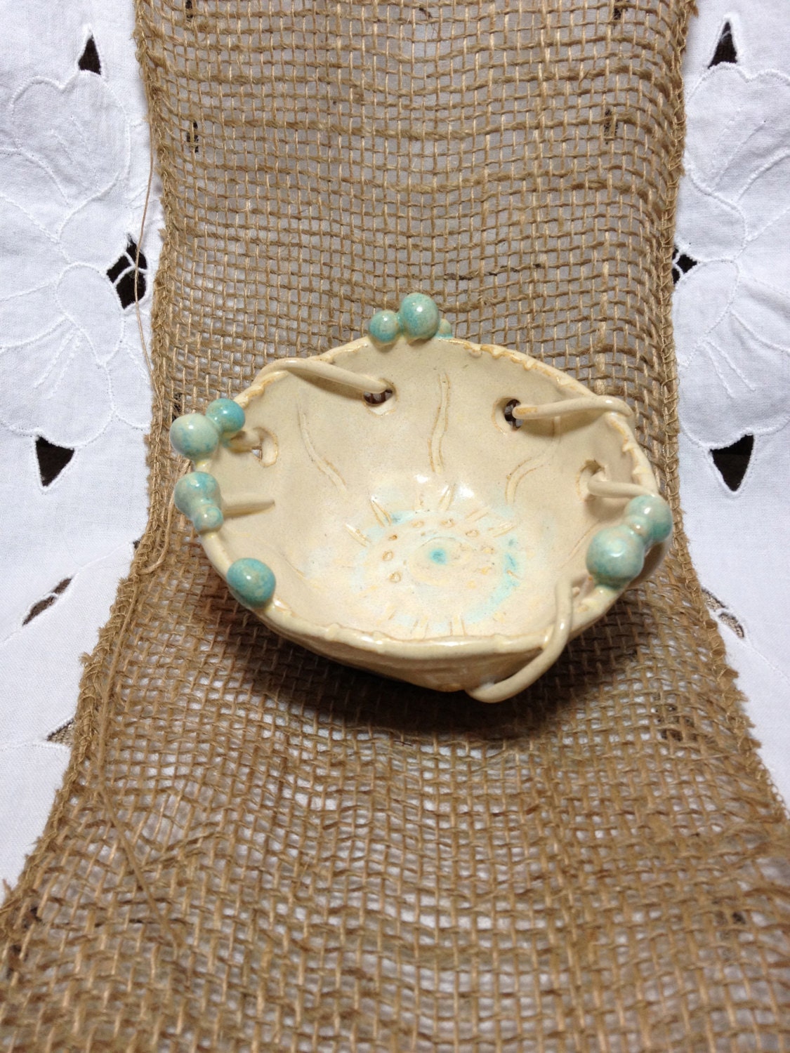 Berry bowl - Aqua and rutile - small ceramic dish - hand sculpted - unique mint green cream