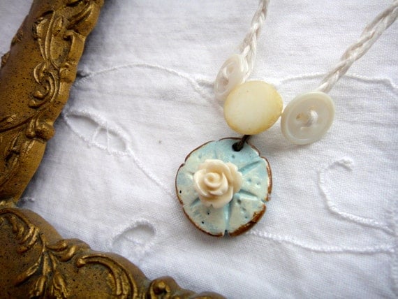 Sand Dollar necklace - polymer clay - white flower - vintage buttons - beach - gift - unique - hand sculpted