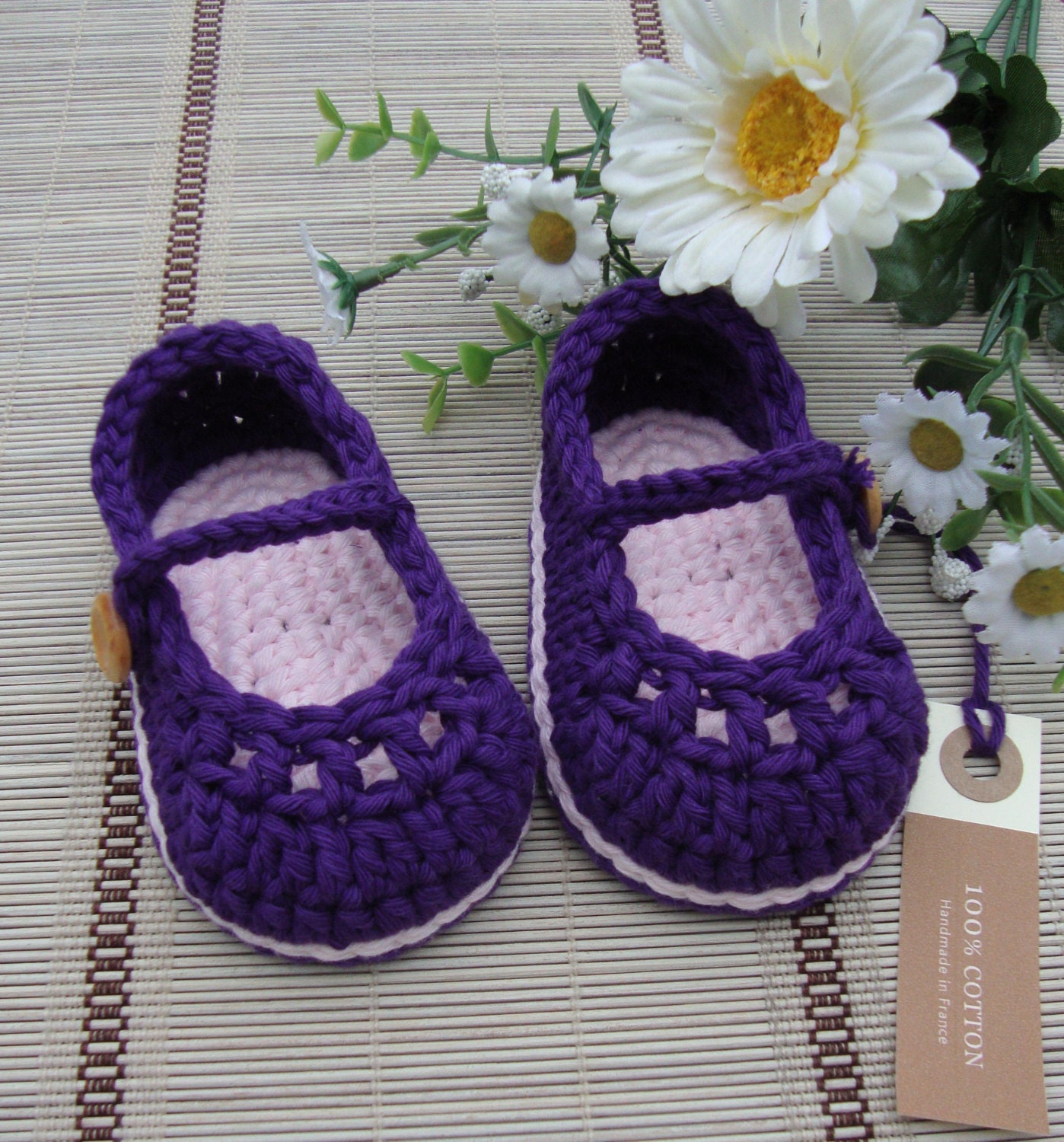 Crochet Baby booties Mary jane purple and cream size 3/6 months ready to ship with gift box