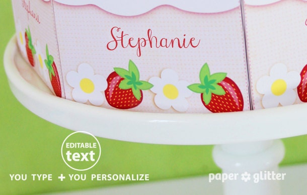 Strawberry Shortcake Paper Cake Slice in REDS favor baking party box printables - Editable Text Printable PDF