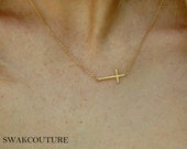 Gold Plated Sideways Cross necklace, Kelly Ripa, Selena Gomez, Jennifer Lopez inspired, horizontal cross necklace cross jewelry