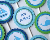 Whale Baby Shower Cupcake Toppers - Set of 12 Personalized Birthday Party Decorations - It's A Boy