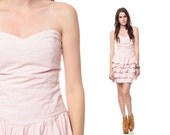 Strapless Sweetheart Dress 80s TIERED Ruffle Mini Baby Pink 1980s Cotton Corset Smocked Vintage Prom Girly Minidress Extra Small XS