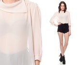 80s CHIFFON Blouse Sheer FUNNEL Neck Top 70s Secretary Slouchy Vintage 1980s Puff Sleeve Asymmetrical Collar Peach Extra Small Medium xs