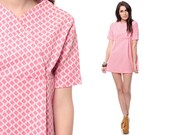 Babydoll Mini Dress 60s Mod Geometric Checkered Print Wrap 70s Light Pink Micro 1960s Vintage Space Age Short Sleeve Empire Extra Small XS