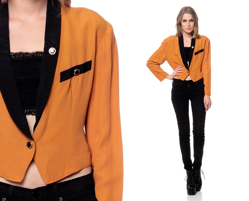 80s Jacket MUSTARD Yellow Short Blazer Indie Hipster Vintage 1980s Button Up New Wave 90s Collared Women Fitted Coat Extra Small xs s