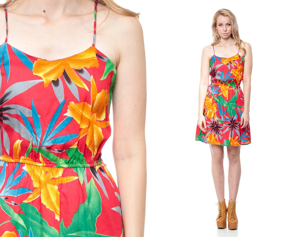70s TROPICAL Dress Mini Jungle Floral Print 1970s Red Orange Sun High Elastic Waist 80s Boho Vintage Slouchy Bright Retro Sundress Small