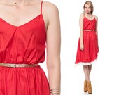 HIGH LOW Dress 70s RUFFLE Red Summer Sun Midi 1970s Disco Spaghetti Strap Vintage Sundress High Waist Cotton V Neck Medium