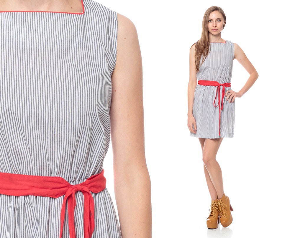 Mini Dress 70s STRIPED Nautical Belted Cotton Summer Pinstripe Sailor 1970s Red White Blue High Waisted Vintage Square Neckline Small Medium