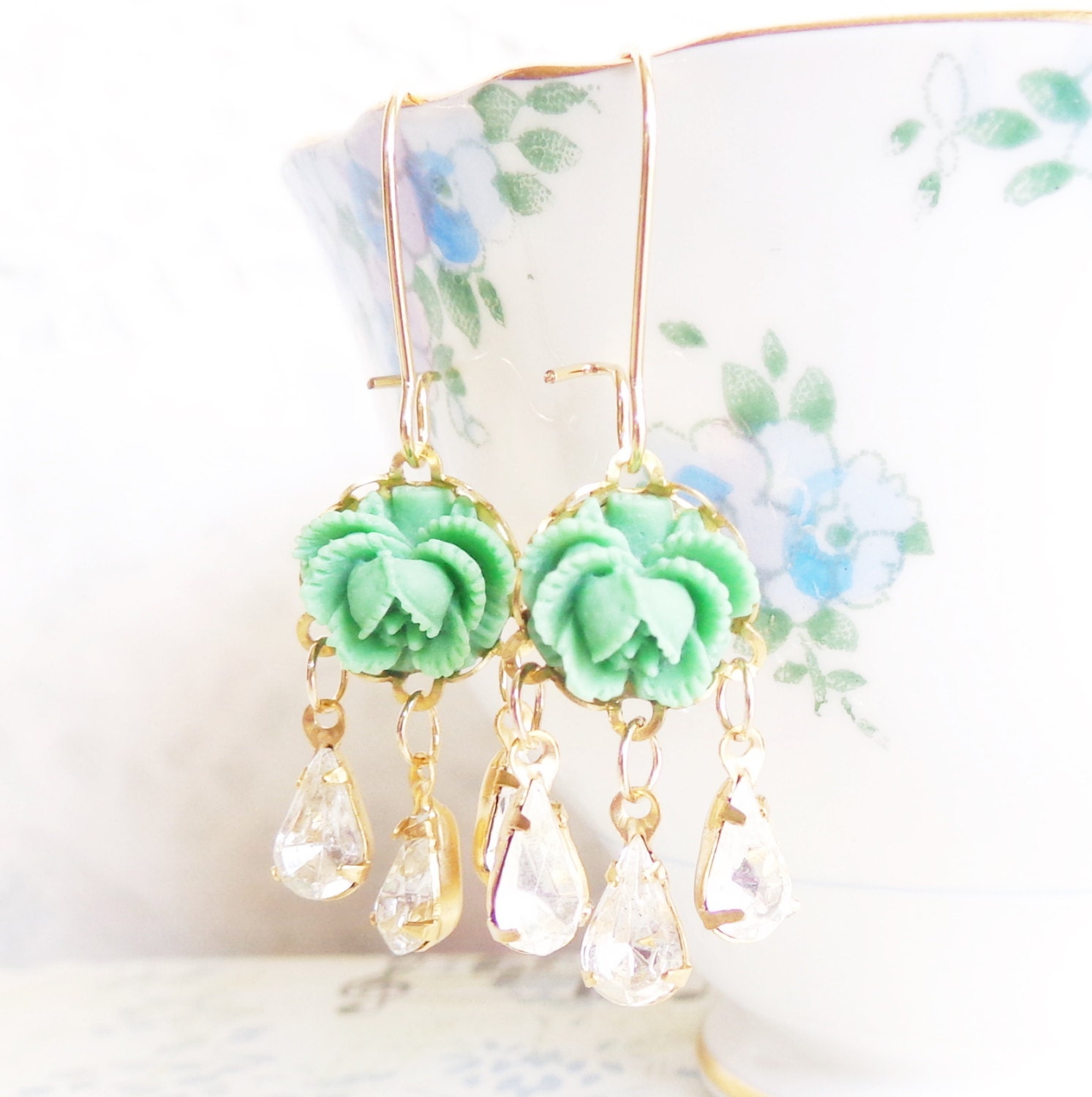 Vintage Chandelier Jewel and Flower Earrings - Whimsical - Bridal - Bridesmaid