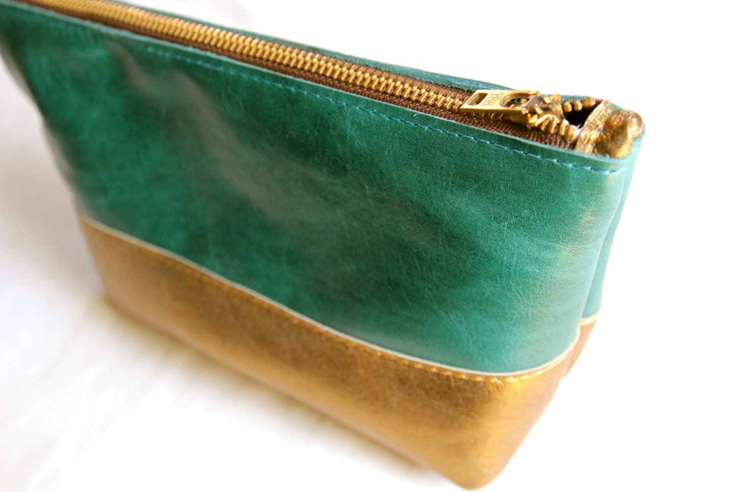 Leather Makeup Bag in Deep Sea Green & Gold