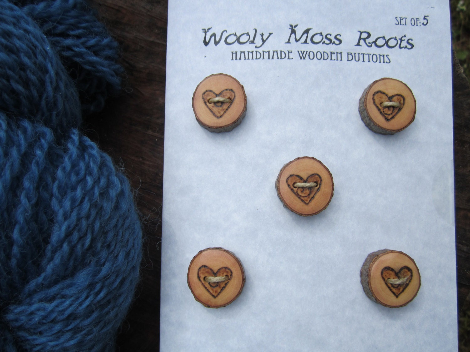 5 Wooden Heart Buttons- Reclaimed Hickory Wood Buttons with Woodburned Ladybugs