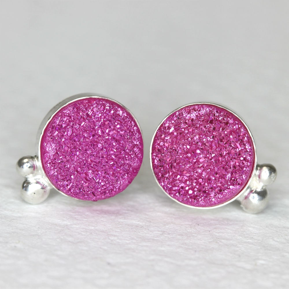 Barbie - hot pink drusy and silver earrings, modern post earrings, by lotusstone on etsy