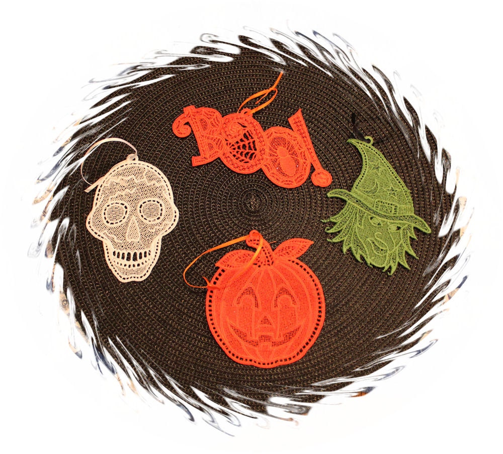Scary Halloween Lace Ornament - Skull, BOO, Pumpkin, Witch, Cat, Bat, Spider