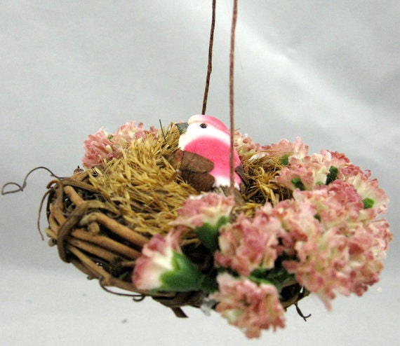 Christmas Ornament - Pink Bird in a Nest with Pink Flowers 105