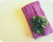 Baby Burpie, Moss Green Flower Buds On Raspberry Burp Cloth, Embellished, Hand Dyed Cloth Diaper, Girl, Colorful
