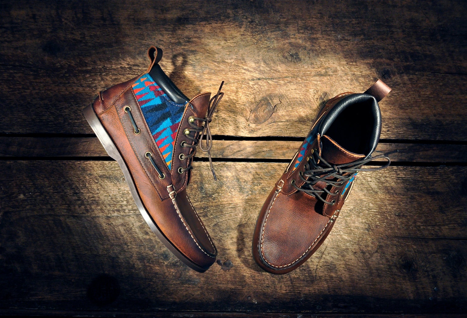 Handcrafted HIGHTOP Leather Boat Shoes - Oiled Tan Cowhide with Teal Southwest Inspired Patterned Wool Details - Brown Cuff - MADE to ORDER