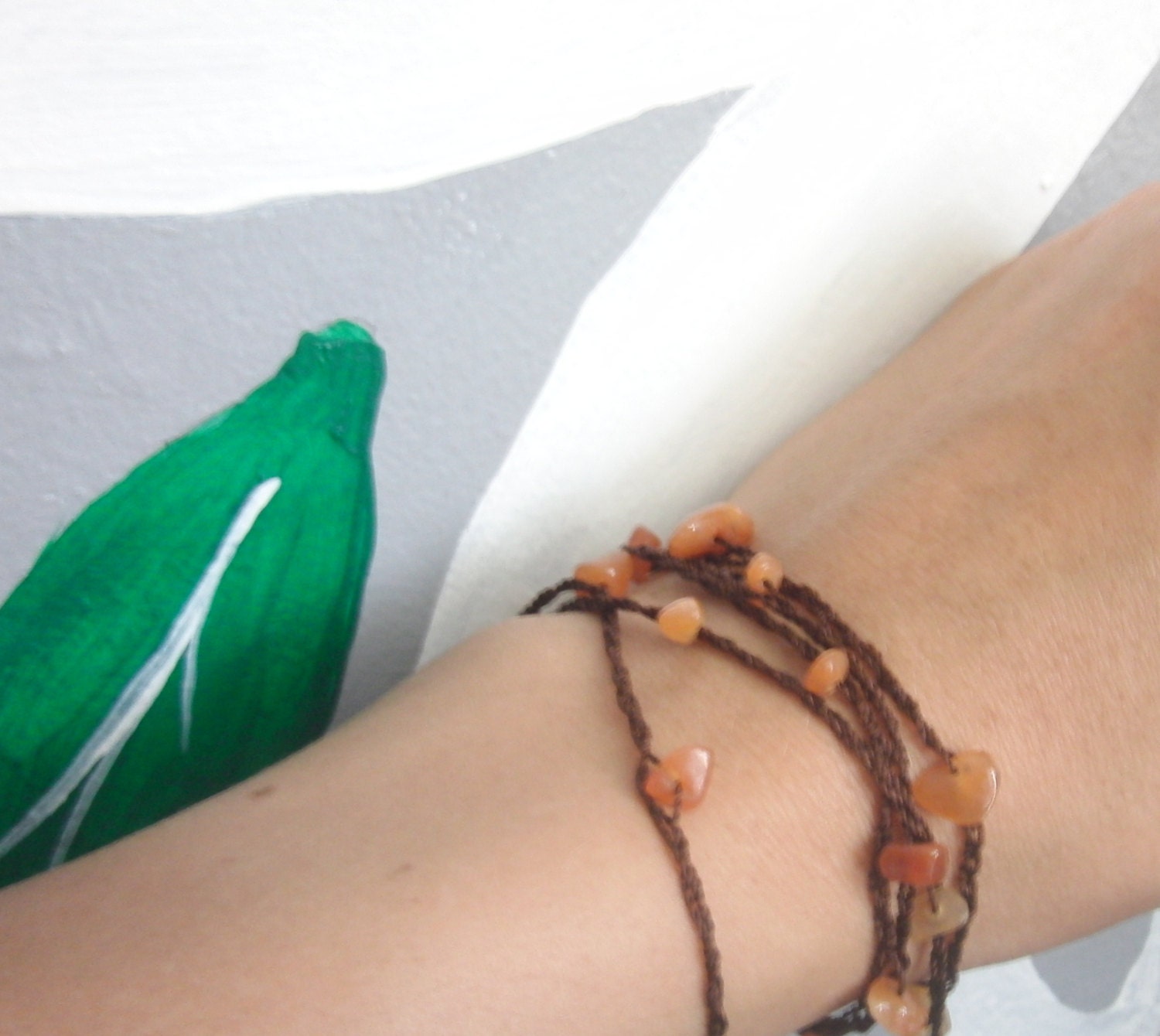Orangy Chip Gemstone in Brown Cord Necklace Bracelet Braided