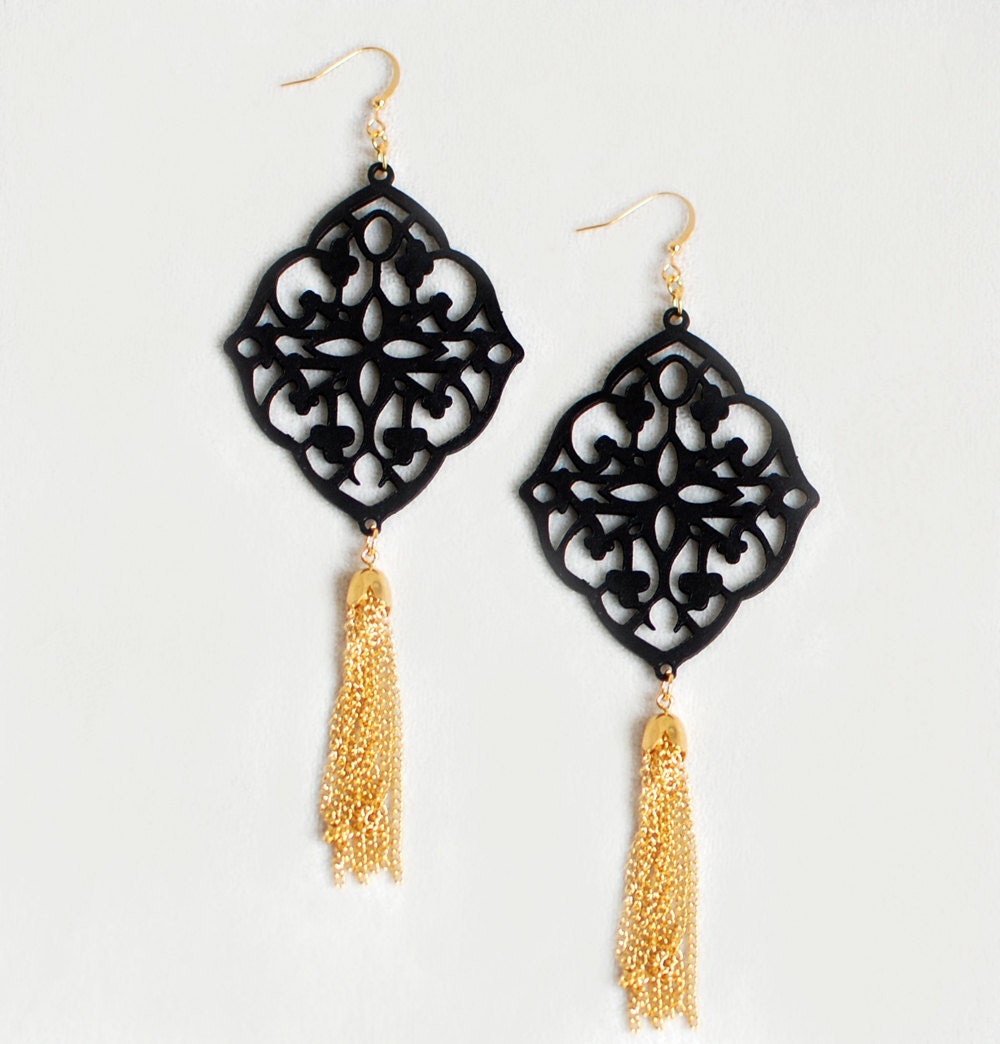Filigree Lace Earrings with Gold metal tassels -Leather Jewelry - in Black