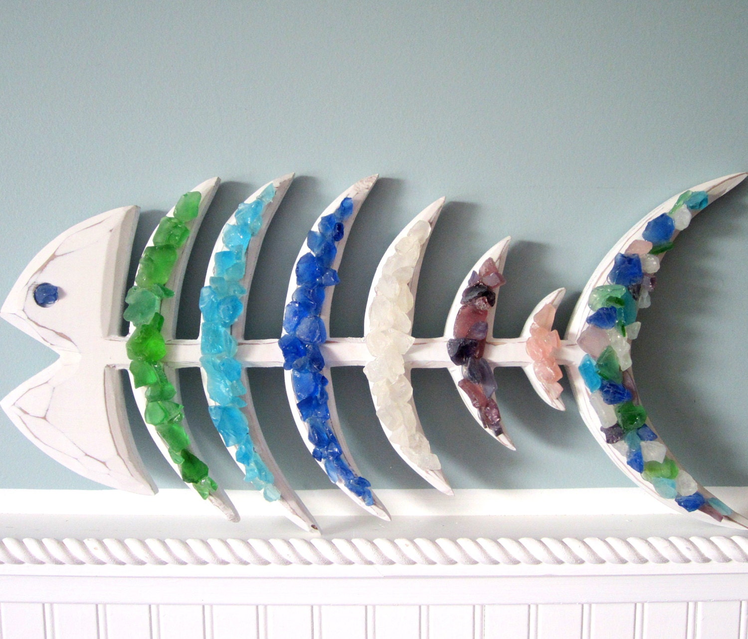 Beach Decor Rainbow Fish w Sea Glass Bones - Nautical Fish Bones Wall Art w Beach Glass