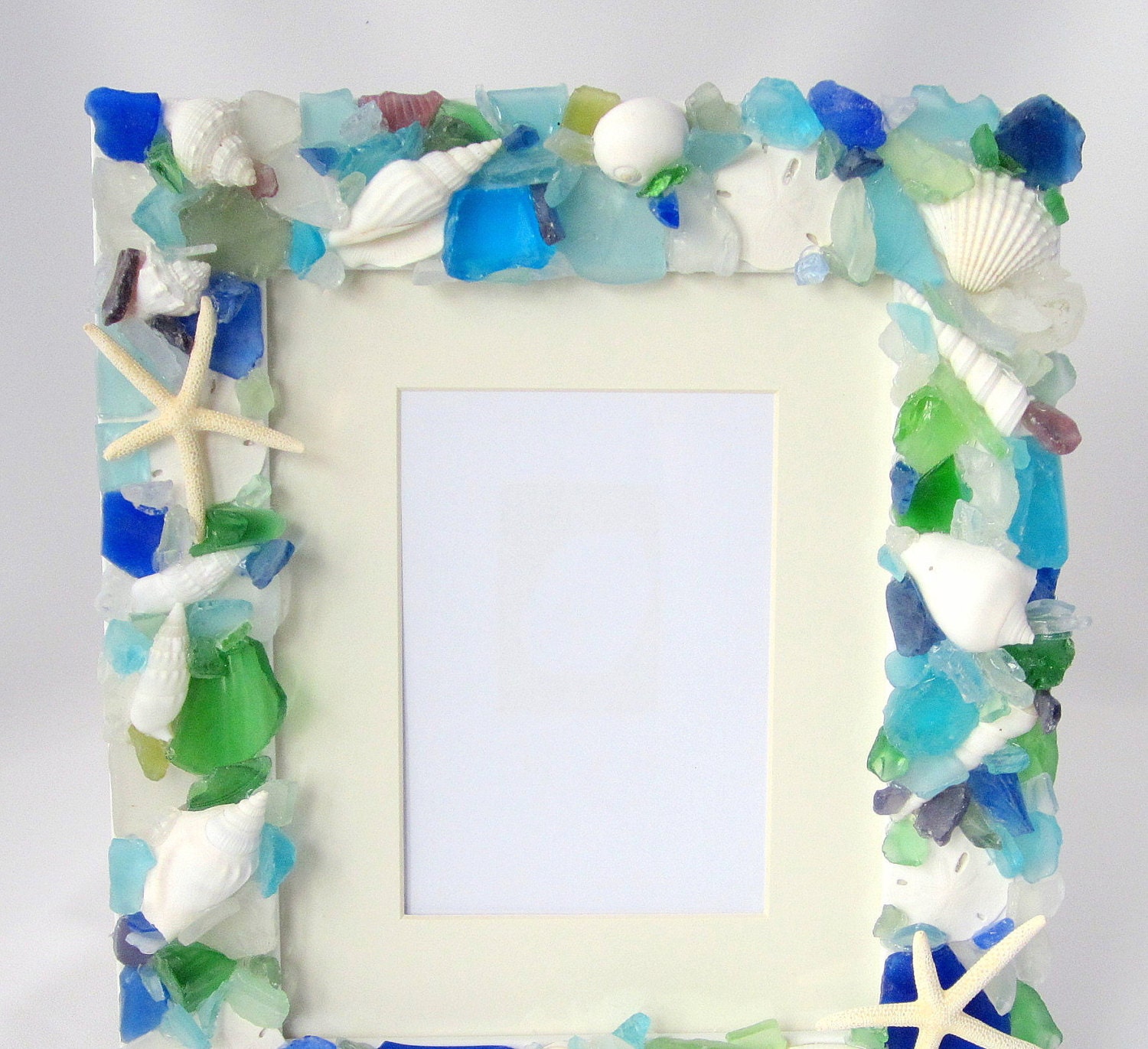 Beach Decor Sea Glass & Shell Frame - Nautical Seashell Frame w Beach Glass and Starfish - 5x7, Any Color