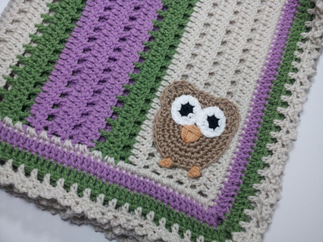 Crochet Owl Baby Blanket in Green, Purple and Ivory- Handmade Blanket for Babies