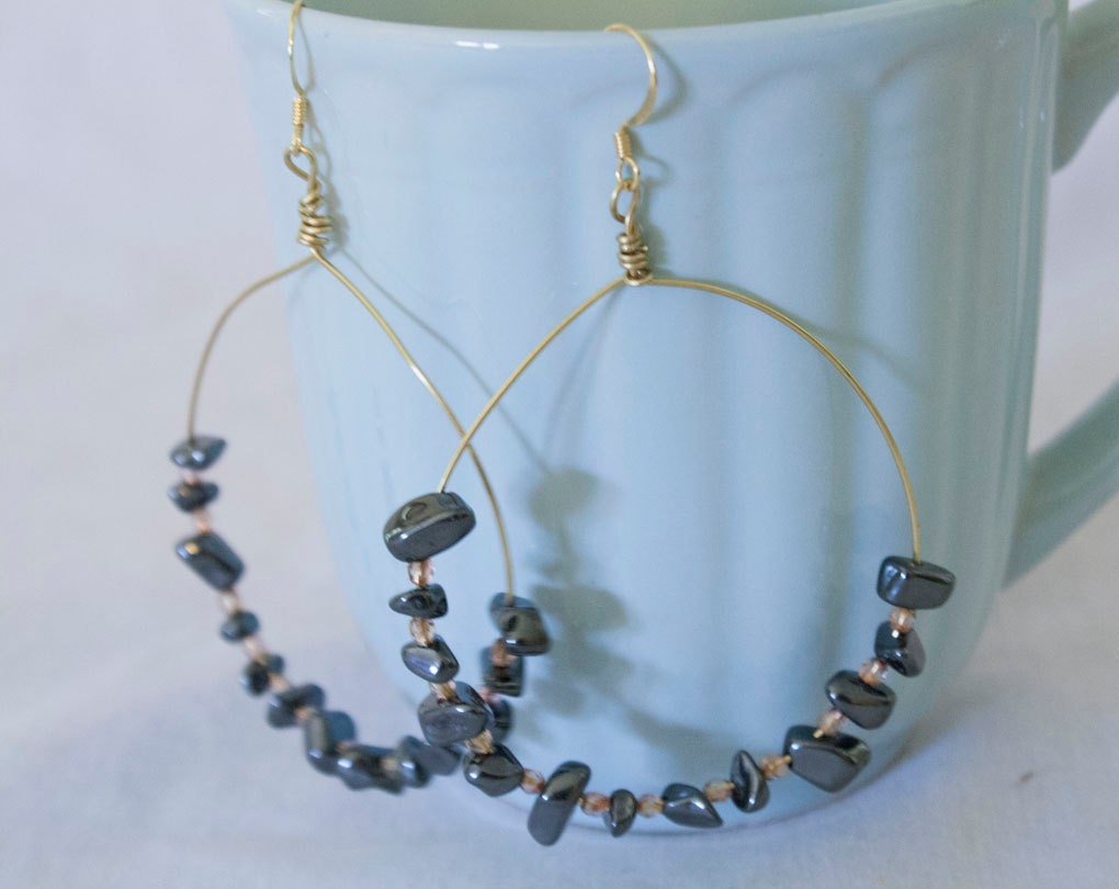 Large Gold & Gunmetal Beaded Stone Hoop Dangle Earrings - Lightweight