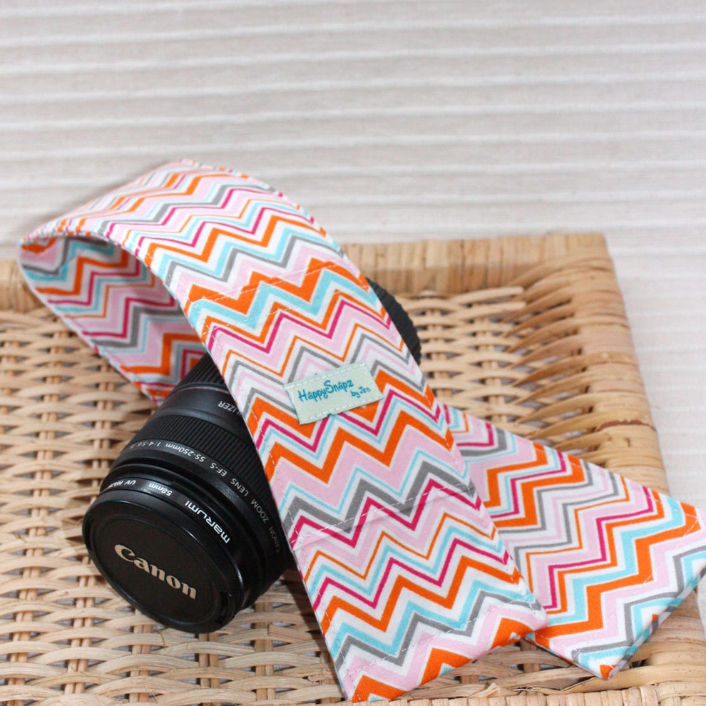 DSLR Camera Strap Cover, Padding, Lens Cap Pocket - ZigZag in Tangerine