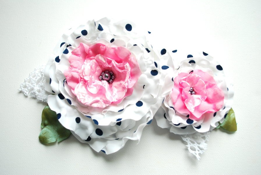 White black pink-Polka dots flowers-Set of two satin roses-Brooch,hair clip,flowers for sash-Weddings accessories Bride,bridesmaids,sash