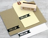 Hello Banner Rubber Stamp: Wood Mounted - Flag, Modern Typography, Black, DIY Gift Tags, Men