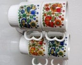 Vintage Bird Mugs Stackable Coffee Mugs Heart Handles Orange Red Gold Blue 1960s Set of Four