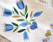 Vintage Tea Towel Folk Art Design Tulips Kitchen Towel Belgian Linen Blue Aqua Gold Green Unused 1950s