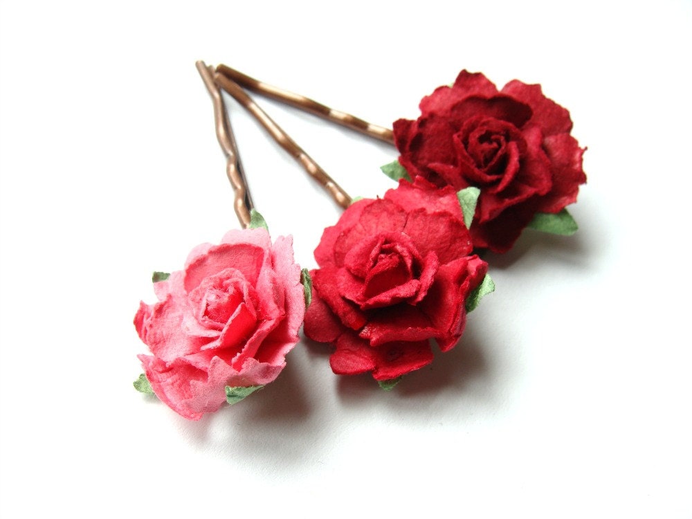 Cabbage Rose flower hair pin trio - wine on copper