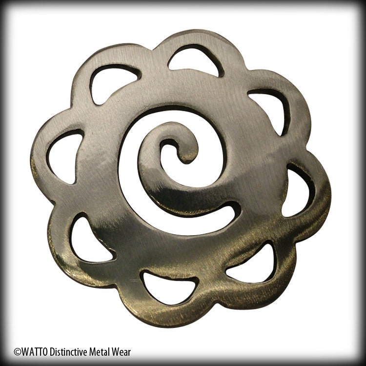 Lacy Spiral Flower Belt Buckle by WATTO Distinctive Metal Wear- Handmade Silver Color Metal Belt Buckle