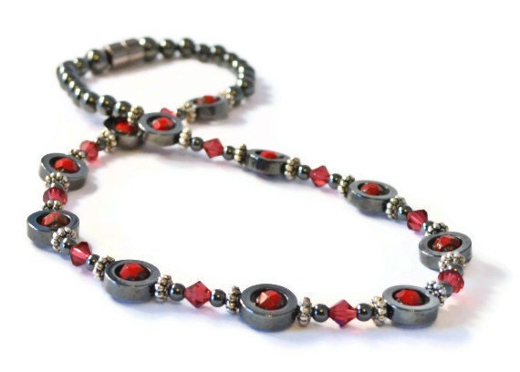 Black Magnetic Hematite Necklace w/ Red Picasso Beads, Magnetic Necklace, Healing Necklace, Handmade Jewelry, Good Health Jewelry