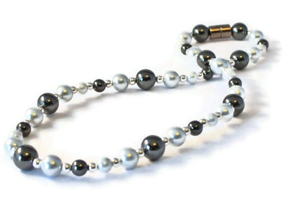 Black, Silver, and White Magnetic Hematite Necklace, Magnetic Necklace, Hematite Health Necklace, Healing Necklace, Good Health Jewelry