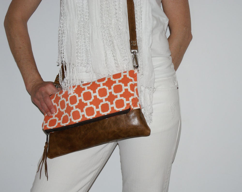 TREKKER - Handbag - Clutch - Orange Geometric and Leather with Removable Leather Strap - Eco-friendly