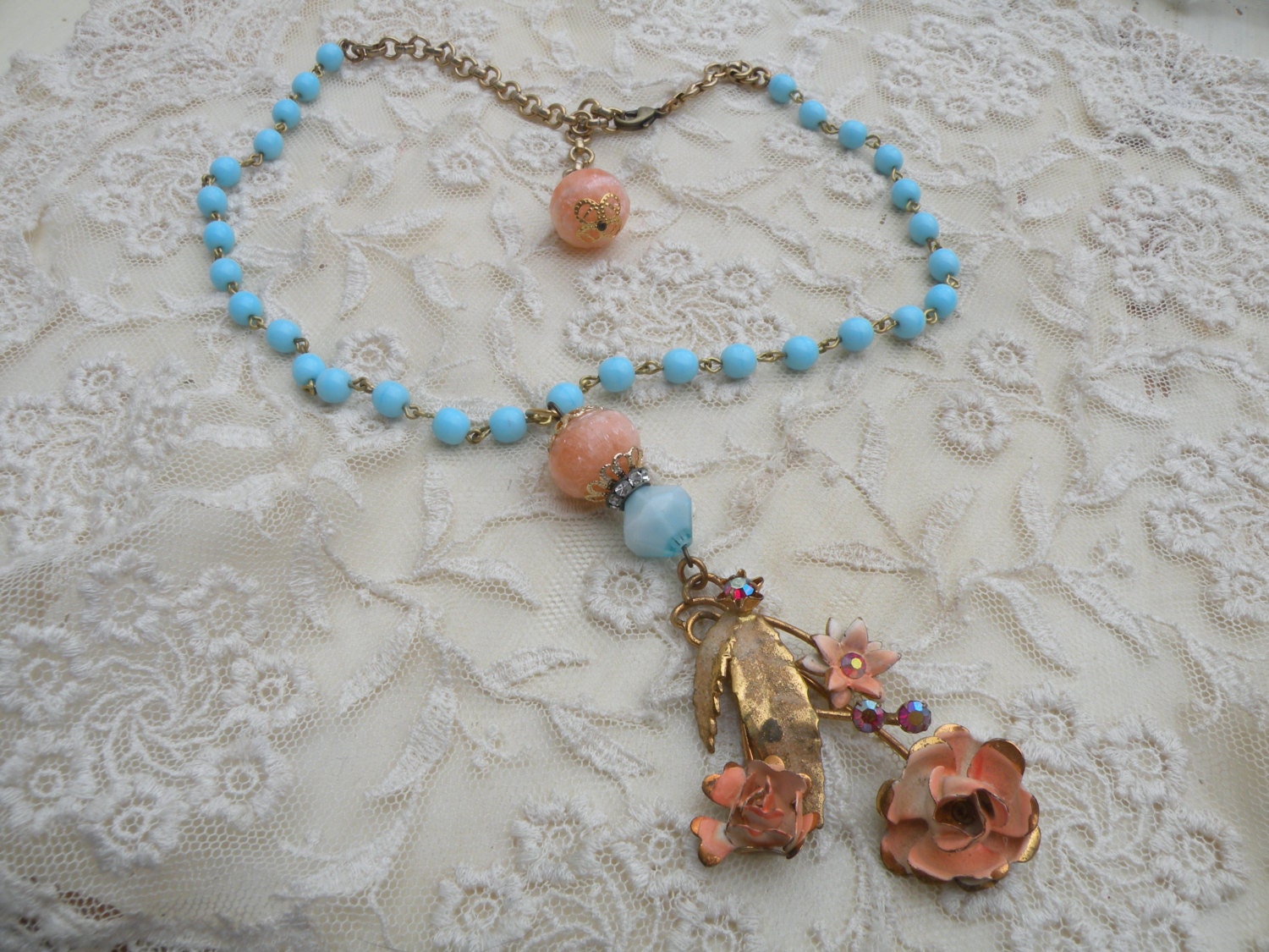 BUDDING assemblage necklace vintage flower bouquet fresh spring april pastel roses unique ooak