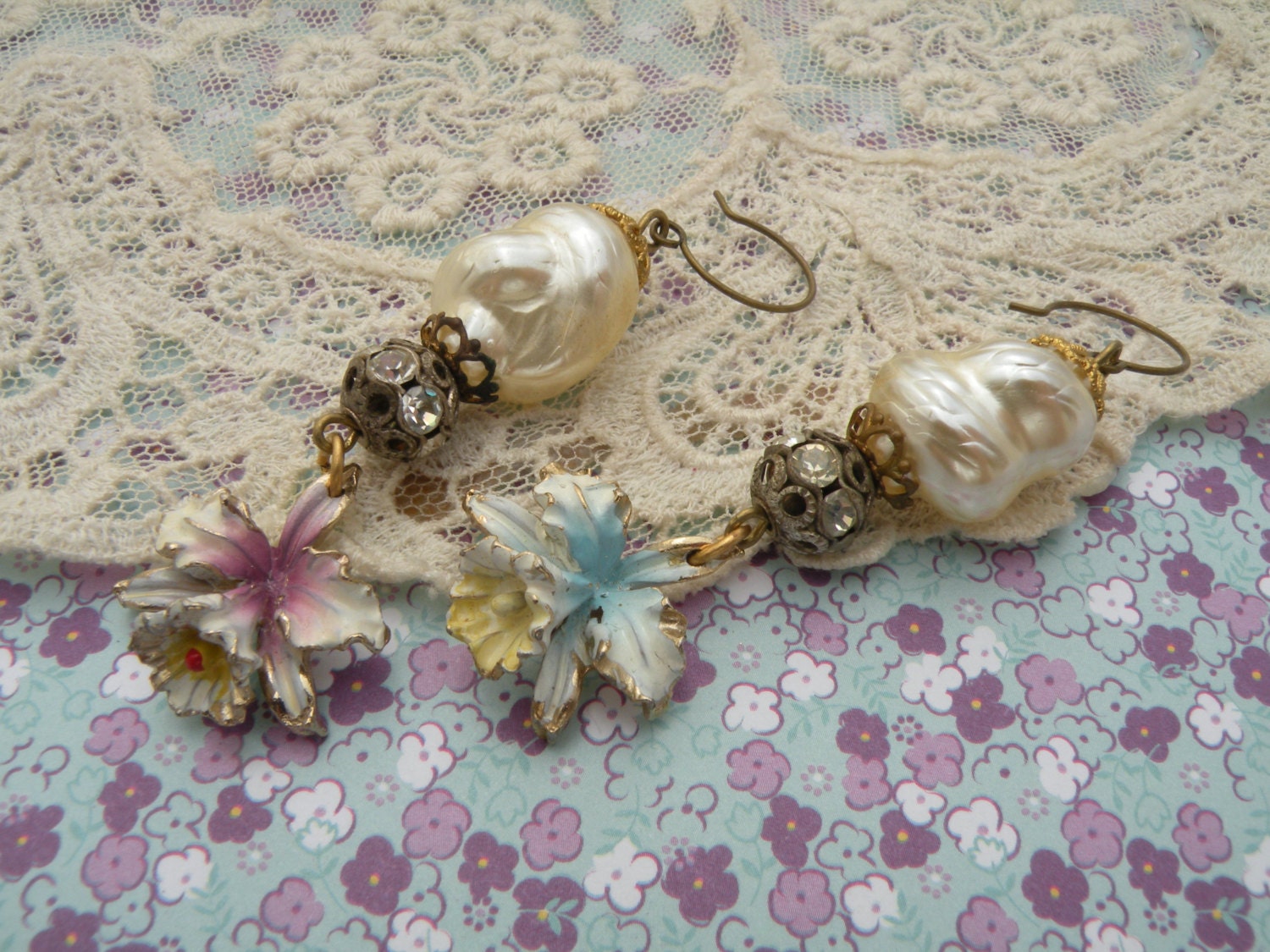 ORCHID vintage assemblage earrings mismatched shabby chic summer unique ooak fresh lovely pretty