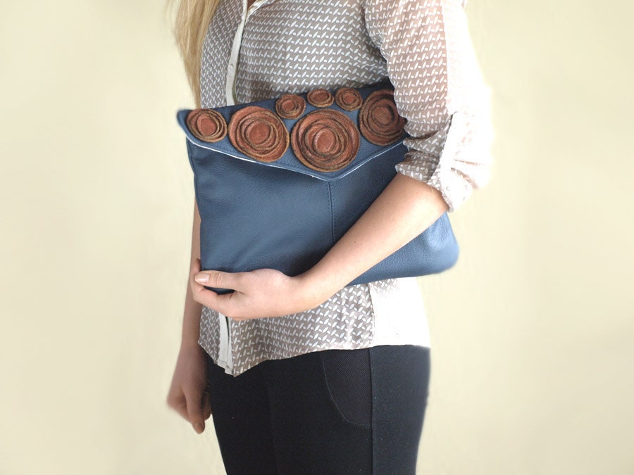 Leather Clutch, Envelope Clutch, Laptop Case, Oversized Clutch, Coctail bag, Formal Clutch, Flower Purse - Navy and Brown / summer sale