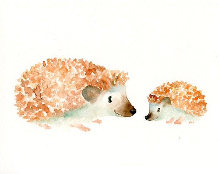 MOM HEDGEHOG with her little GUY Original watercolor painting 10X8inch